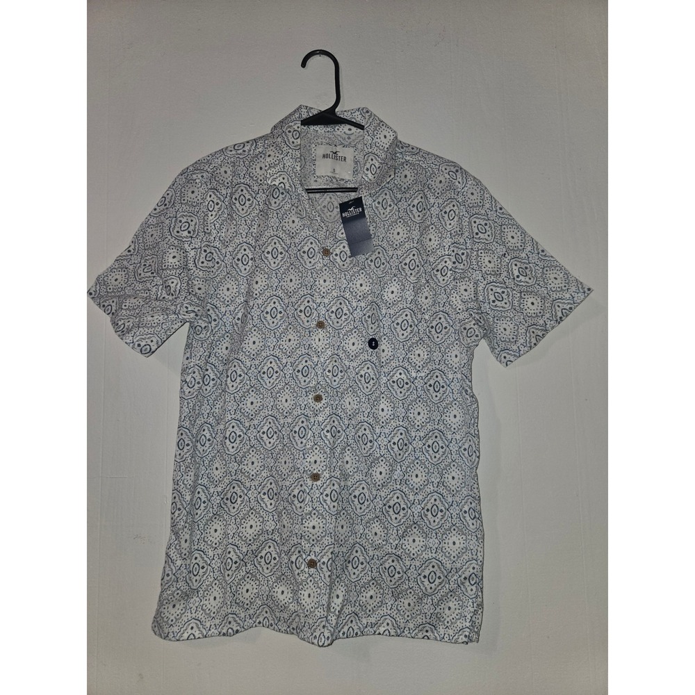 Hollister Mens Blue White Geometric Tile Print Cotton Linen Short Sleeve Shirt S